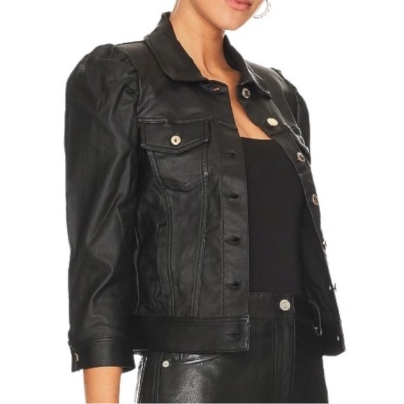 NWT Retrofete Ada Black Vegan Leather Jacket Puff Sleeve Button Front Gold Tone - Picture 1 of 8